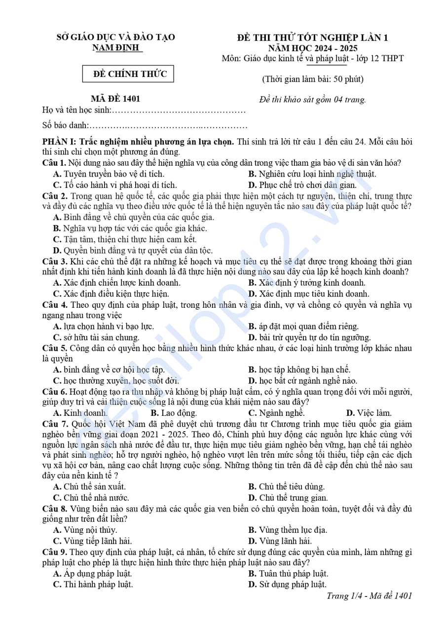 Đề thi thử tốt nghiệp môn KTPL Nam Định 2025 lần 1
