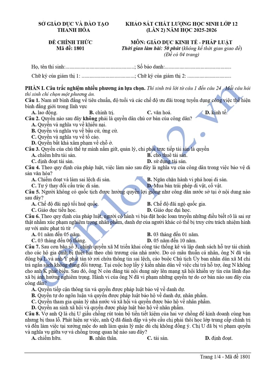 Đề thi thử tốt nghiệp môn KTPL Thanh Hoá 2026 lần 2