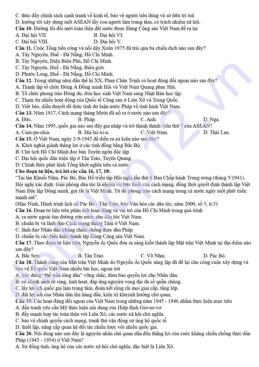 Đề thi thử tốt nghiệp môn sử Cao Bằng 2026  2