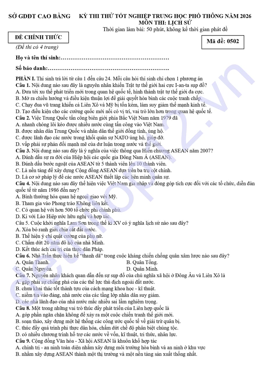 Đề thi thử tốt nghiệp môn sử Cao Bằng 2026 
