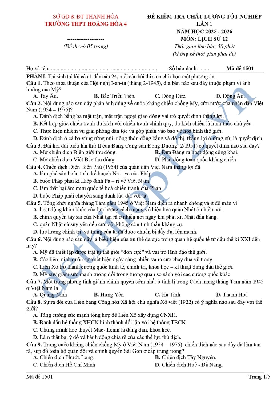 Đề khảo sát môn sử THPT Hoằng Hoá 4 lần 1 2026