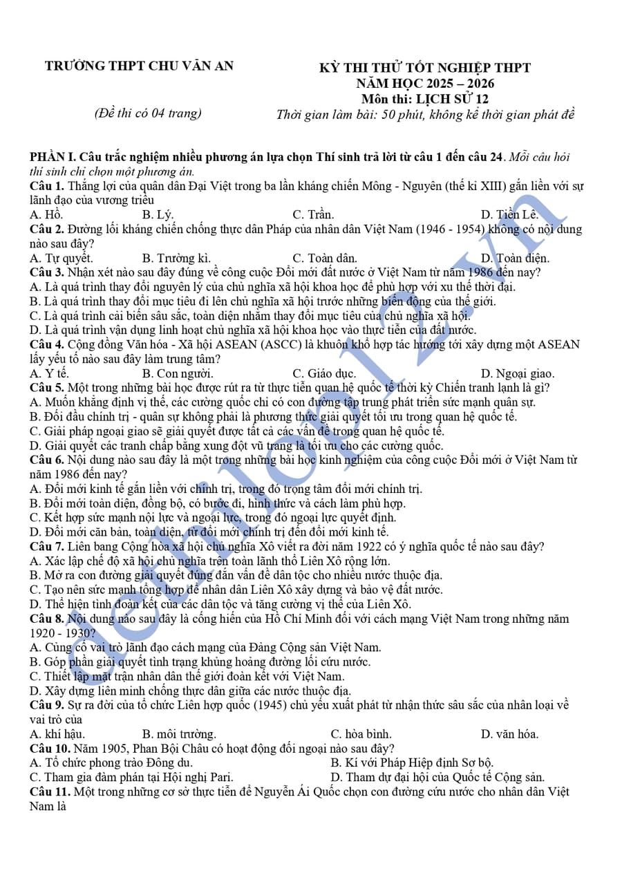 Đề thi thử tốt nghiệp môn sử THPT Chu Văn An 2026