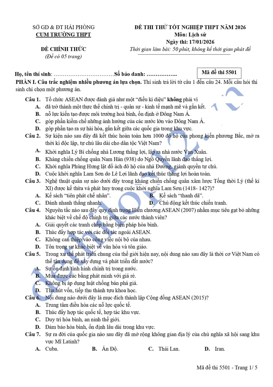 Đề thi thử tốt nghiệp môn sử cụm THPT Tứ Kỳ Ninh Giang 2026