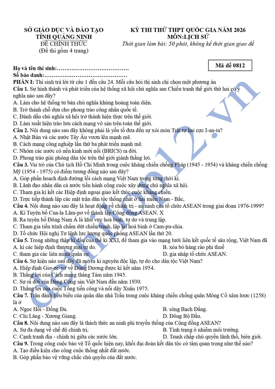Đề thi thử thpt quốc gia môn sử quảng ninh 2026 lần 2