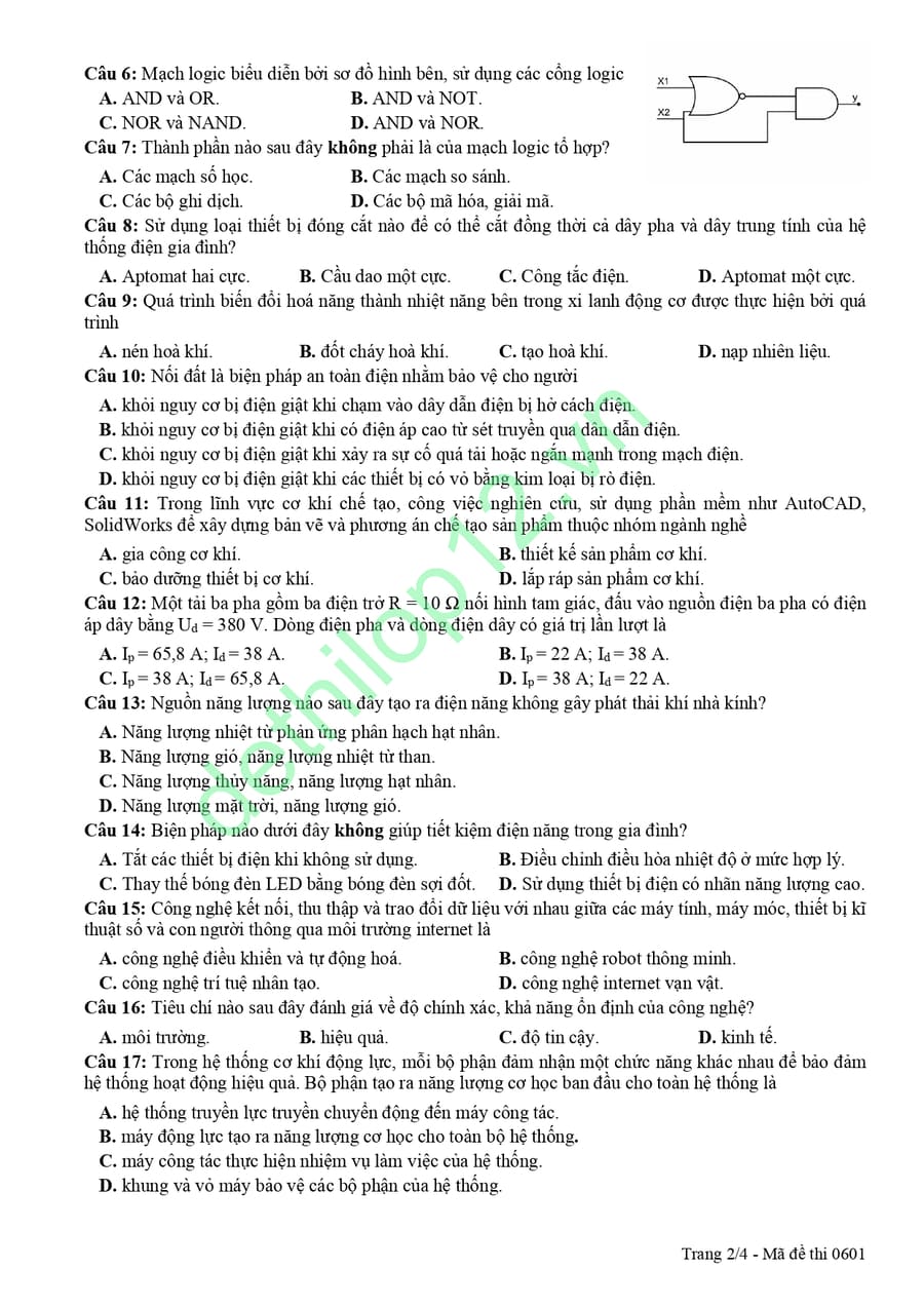 Đề thi thử tốt nghiệp môn Công nghệ công nghiệp Đà Nẵng 2026 2