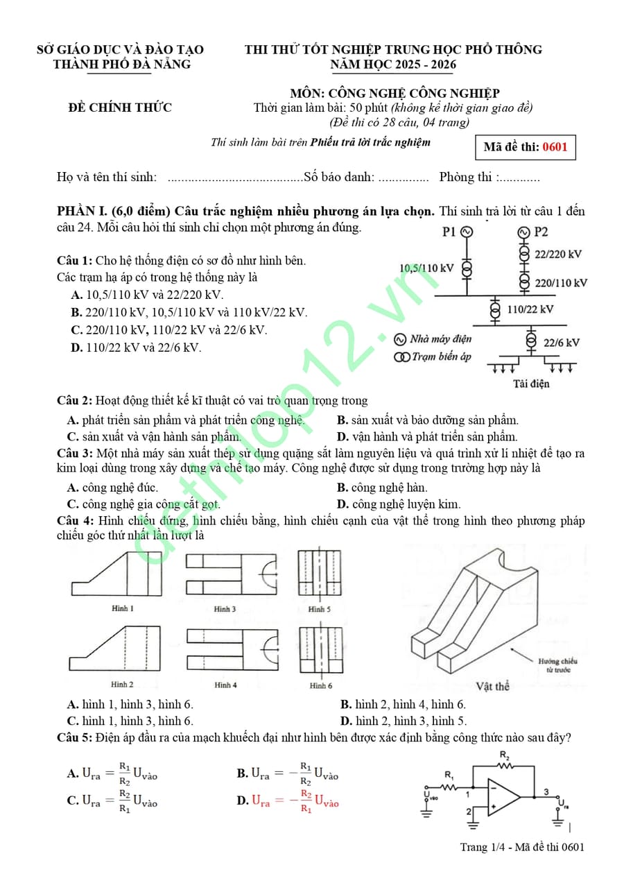 Đề thi thử tốt nghiệp môn Công nghệ công nghiệp Đà Nẵng 2026