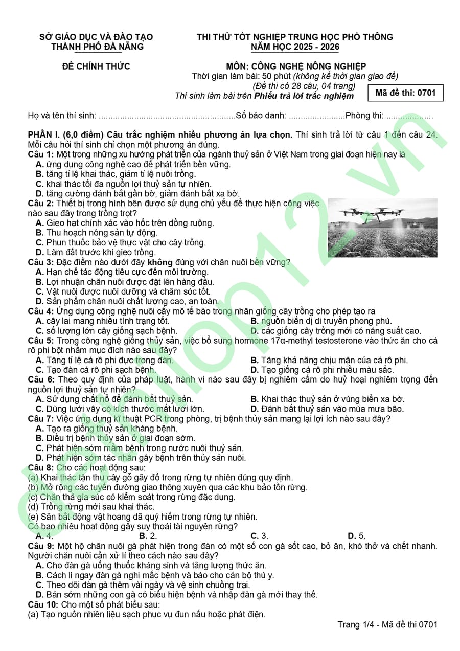 Đề thi thử tốt nghiệp môn Công nghệ Nông Nghiệp Đà Nẵng 2026