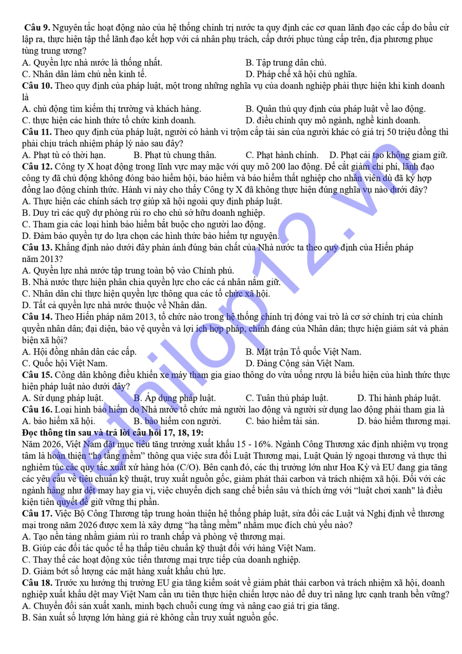 Đề thi thử tốt nghiệp môn KTPL Sơn La 2026 lần 2 2