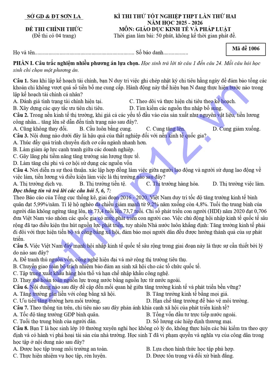 Đề thi thử tốt nghiệp môn KTPL Sơn La 2026 lần 2