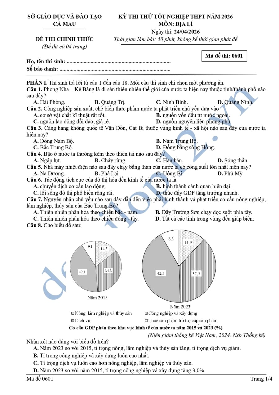 Đề thi thử tốt nghiệp môn địa Cà Mau 2026 có đáp án