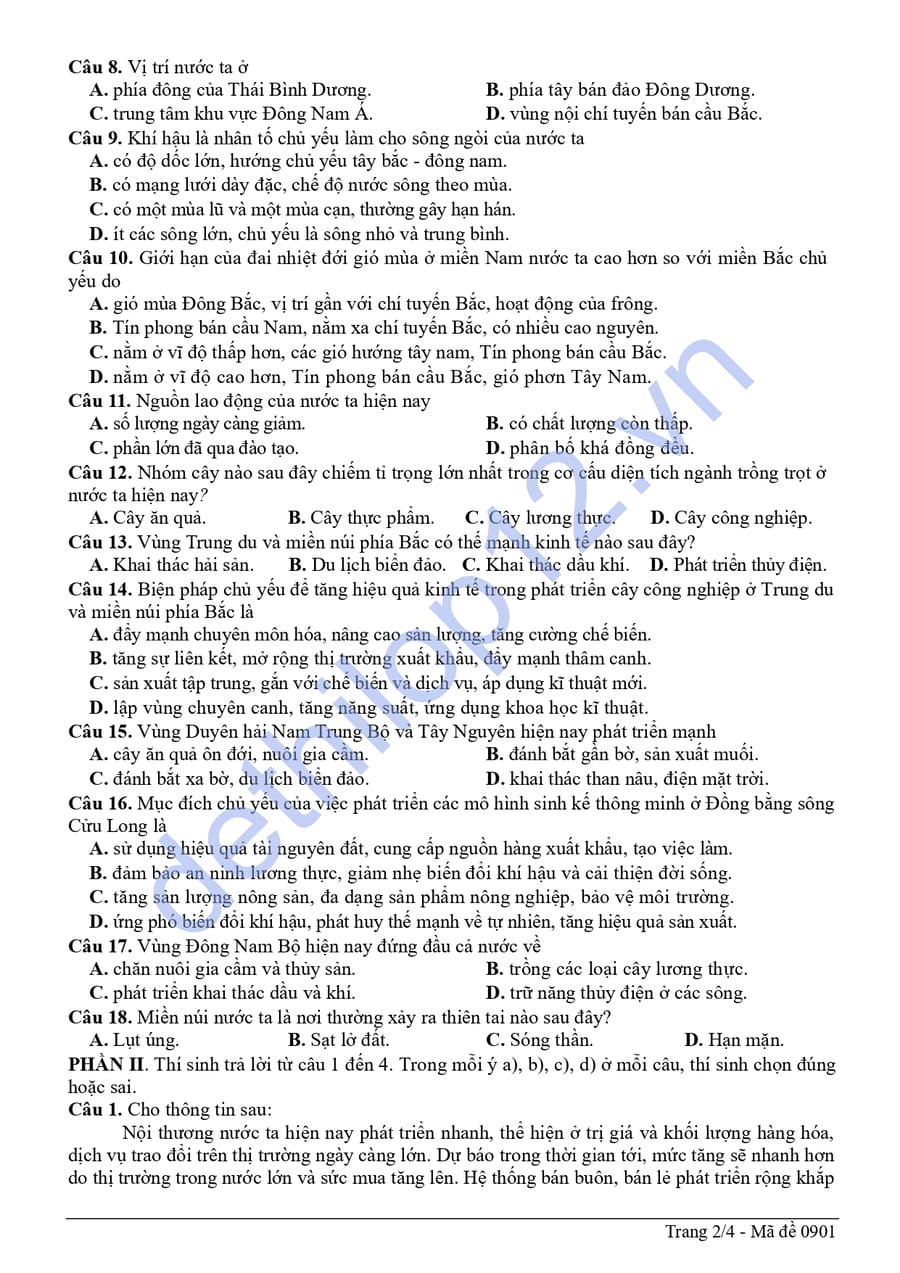 Đề thi thử tốt nghiệp môn địa TP Đà Nẵng 2026 có đáp án 2