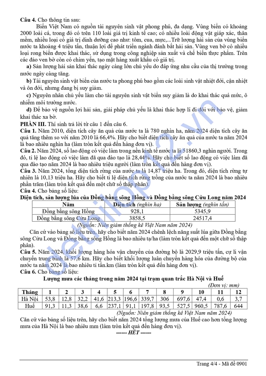 Đề thi thử tốt nghiệp môn địa TP Đà Nẵng 2026 có đáp án 4