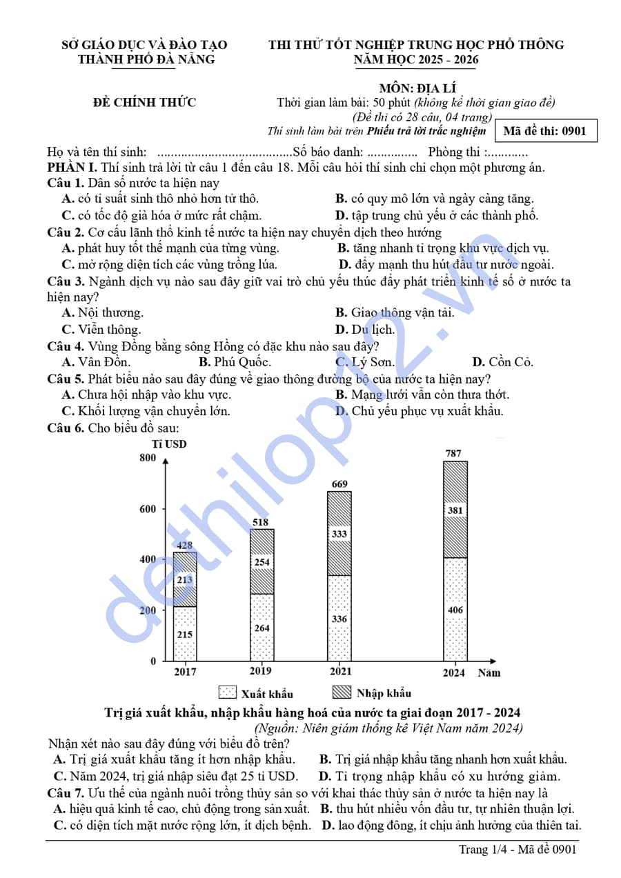 Đề thi thử tốt nghiệp môn địa TP Đà Nẵng 2026 có đáp án