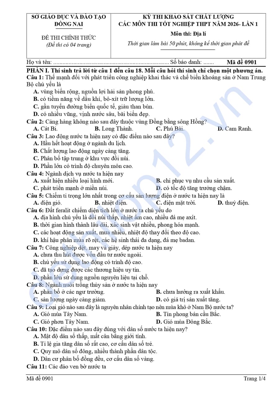 Đề thi thử tốt nghiệp môn địa Đồng Nai 2026 