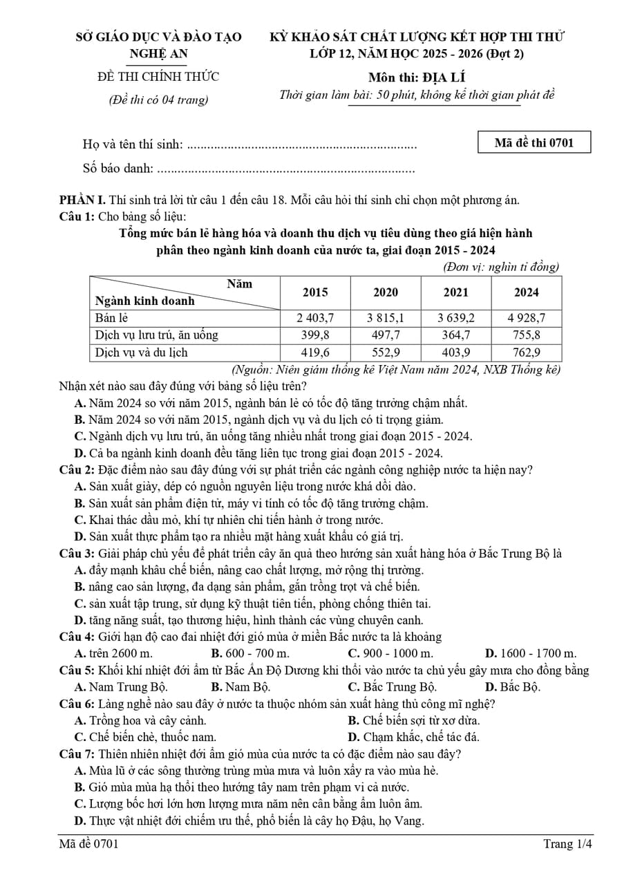Đề thi thử tốt nghiệp môn Địa Nghệ An 2026 lần 2 có đáp án