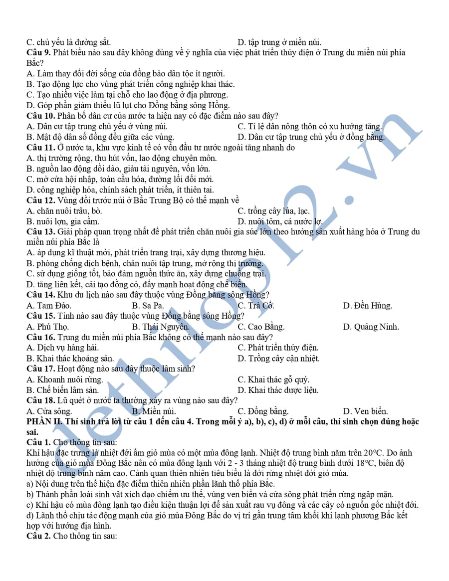 Đề thi thử tốt nghiệp môn địa Quảng Trị 2026 có đáp án 2
