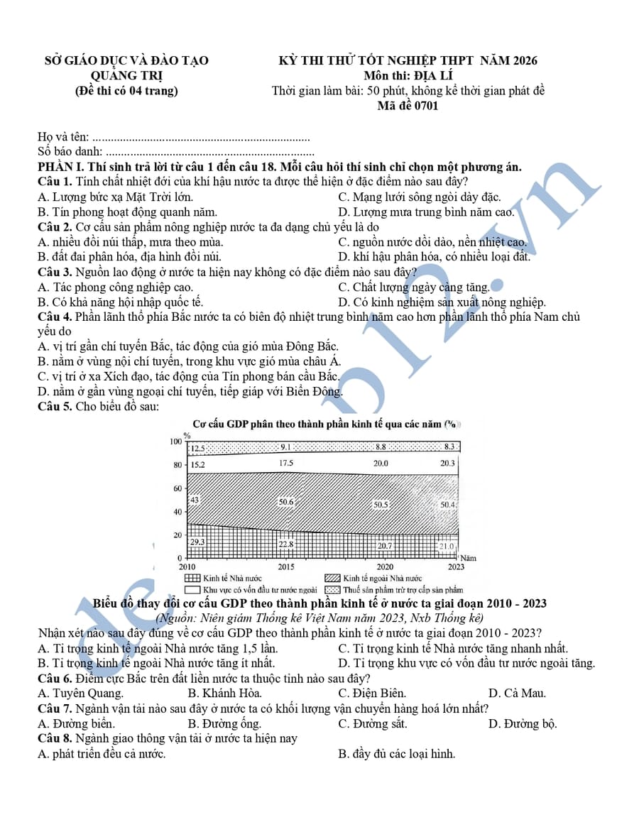 Đề thi thử tốt nghiệp môn địa Quảng Trị 2026 có đáp án