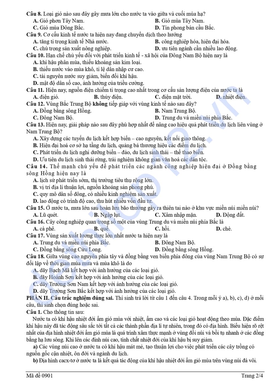 Đề thi thử tốt nghiệp môn Địa Thái Nguyên 2026 lần 2 2