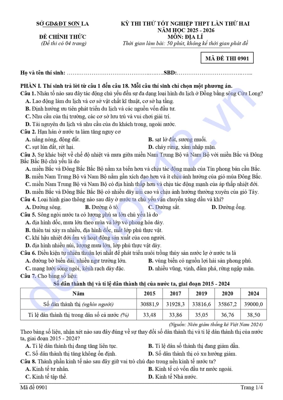 Đề thi thử tốt nghiệp môn địa lí Sơn La 2026 lần 2 