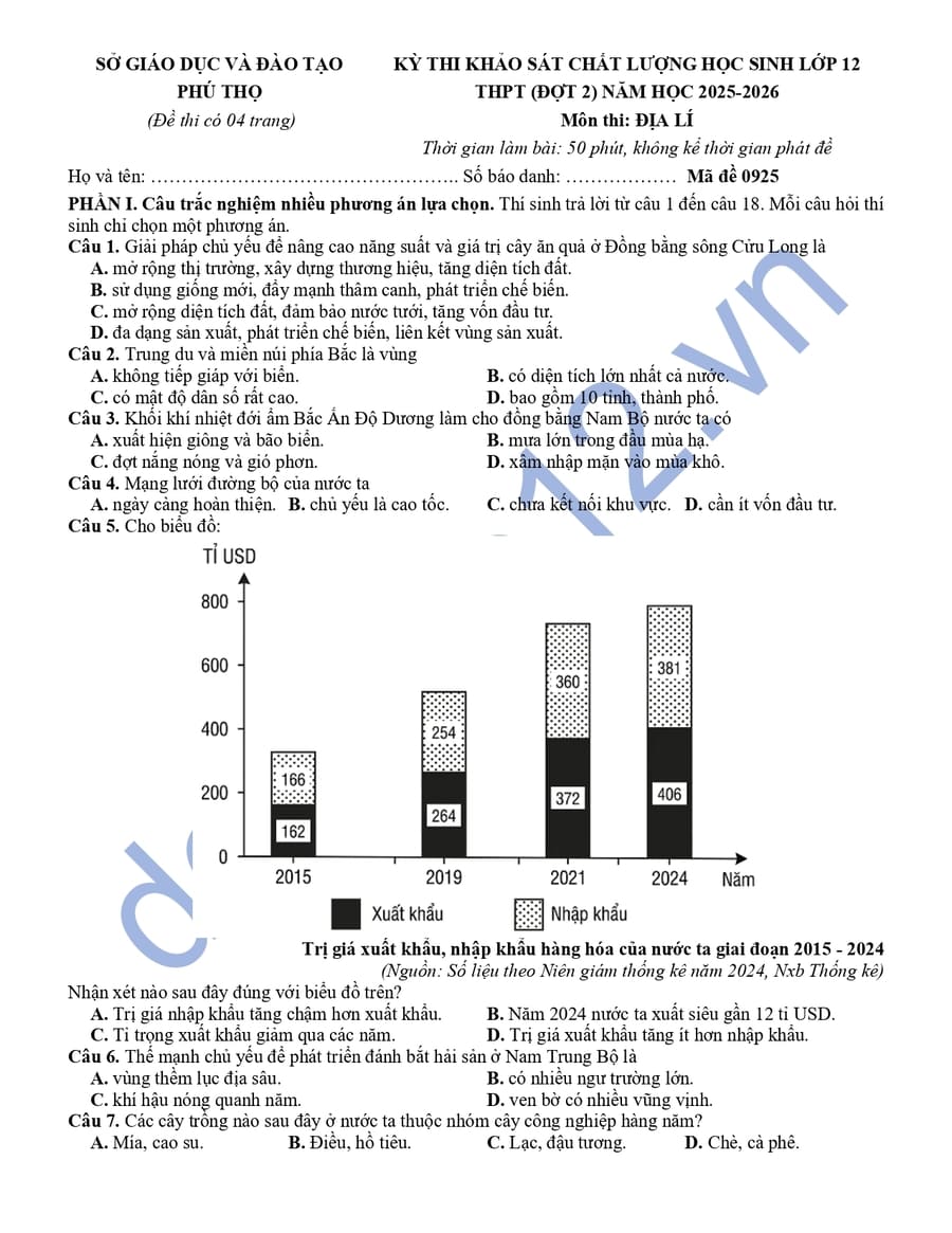 Đề thi thử tốt nghiệp môn địa Phú Thọ 2026 lần 2 có đáp án