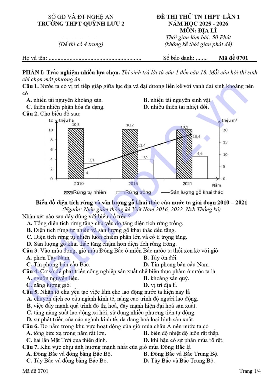 Đề thi thử tốt nghiệp môn địa THPT Quỳnh Lưu 2 2026 