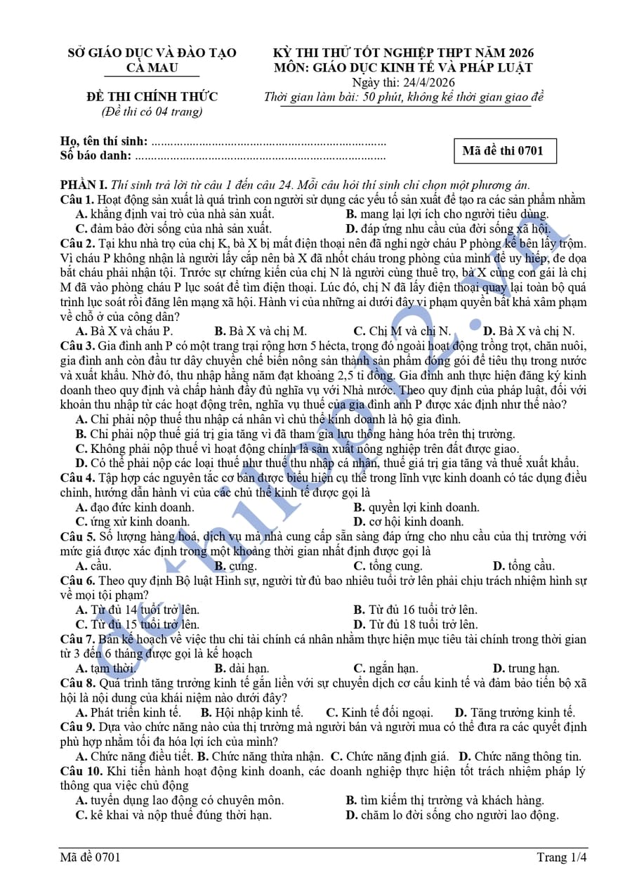 Đề thi thử tốt nghiệp môn KTPL Cà Mau 2026 