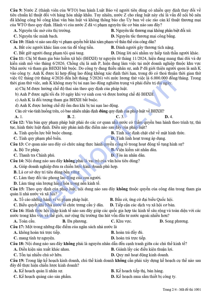 Đề thi thử tốt nghiệp môn KTPL Đà Nẵng 2026 2