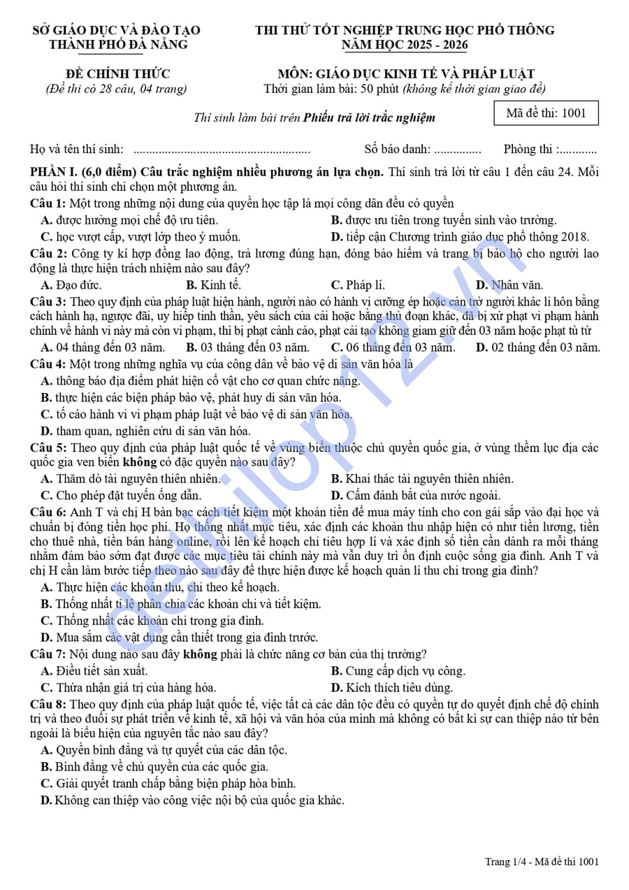 Đề thi thử tốt nghiệp môn KTPL Đà Nẵng 2026