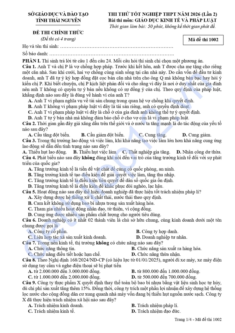 Đề thi thử tốt nghiệp môn KTPL Thái Nguyên 2026 lần 2