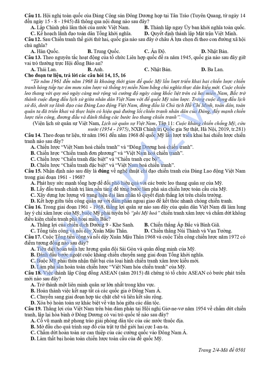 Đề thi thử tốt nghiệp môn sử Cà Mau 2026 có đáp án 2