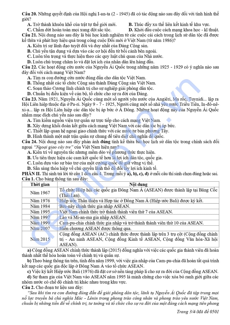 Đề thi thử tốt nghiệp môn sử Cà Mau 2026 có đáp án 3