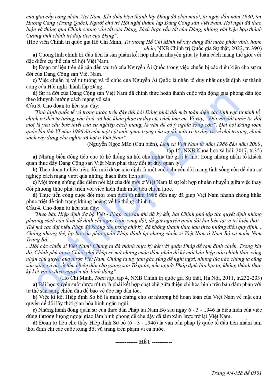 Đề thi thử tốt nghiệp môn sử Cà Mau 2026 có đáp án 4