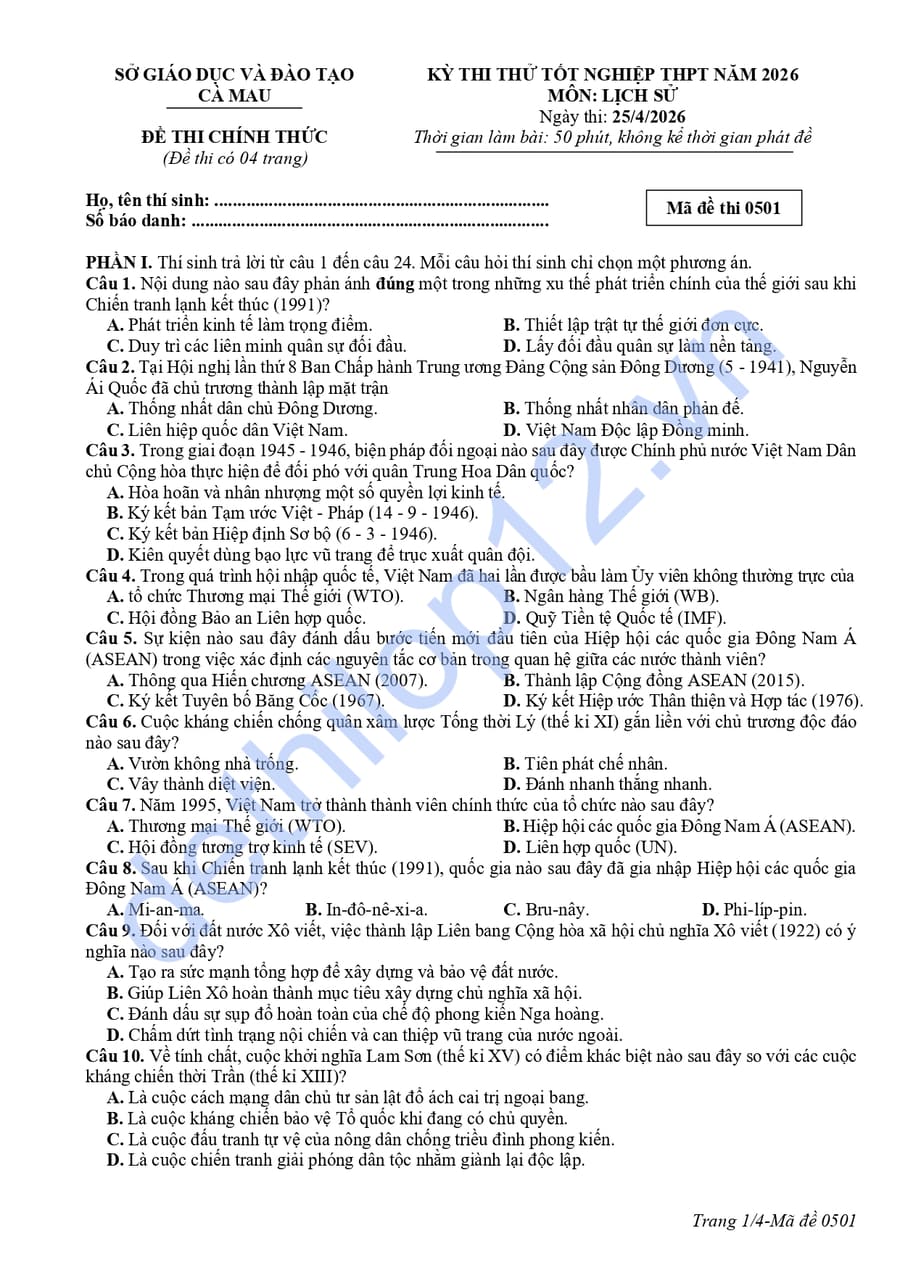 Đề thi thử tốt nghiệp môn sử Cà Mau 2026 có đáp án