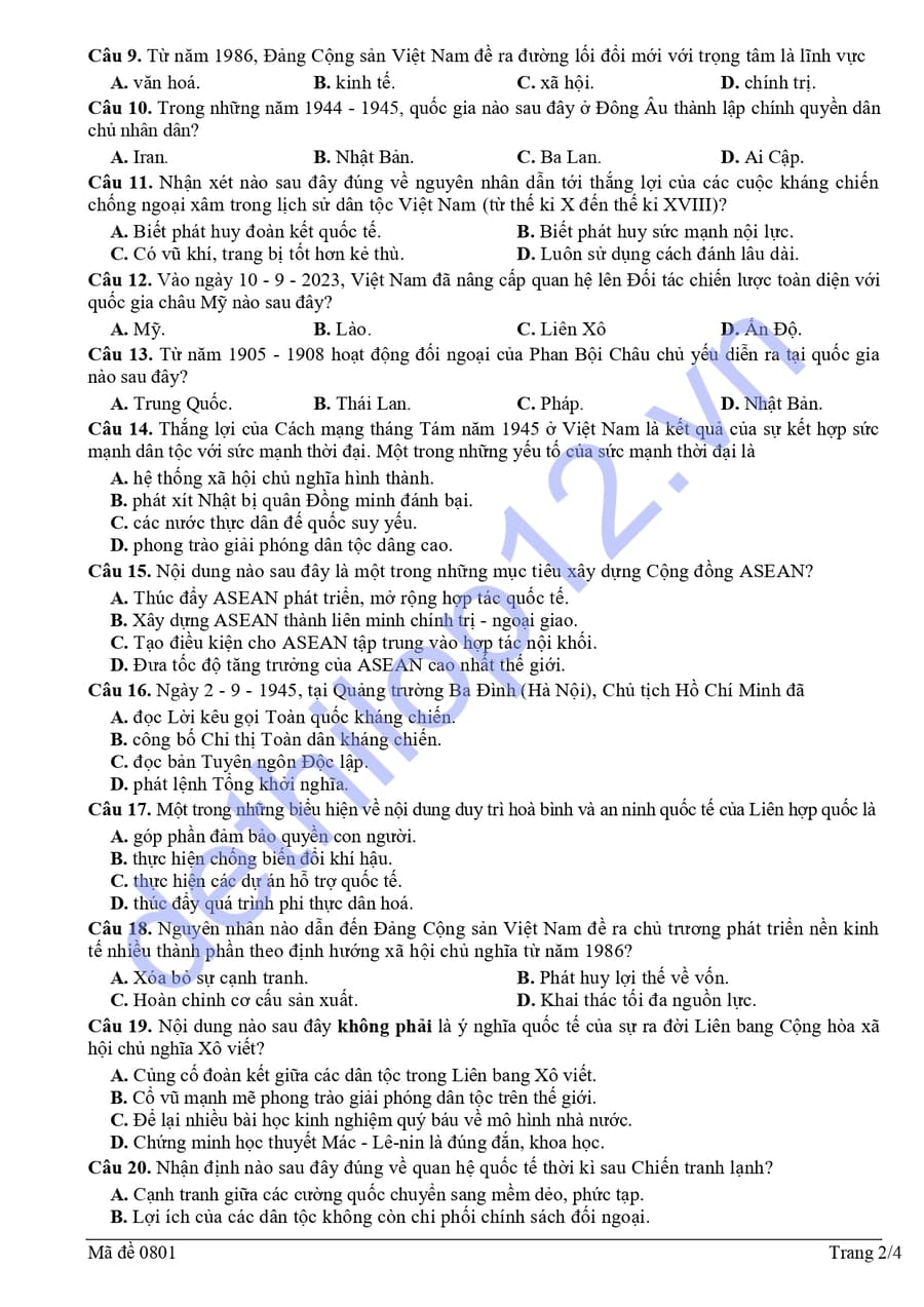 Đề thi thử tốt nghiệp môn sử Đà Nẵng 2026 có đáp án 2