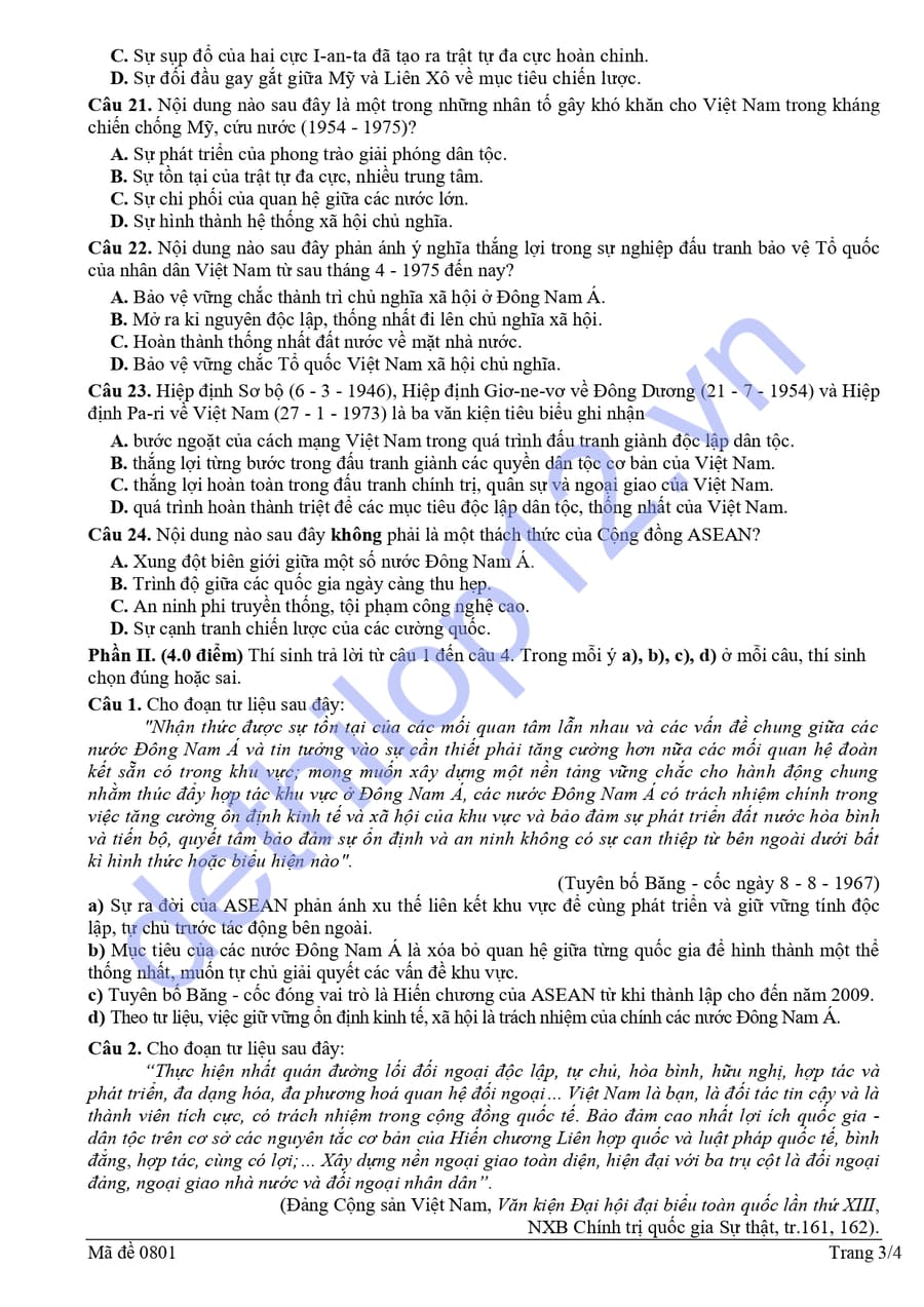 Đề thi thử tốt nghiệp môn sử Đà Nẵng 2026 có đáp án 3