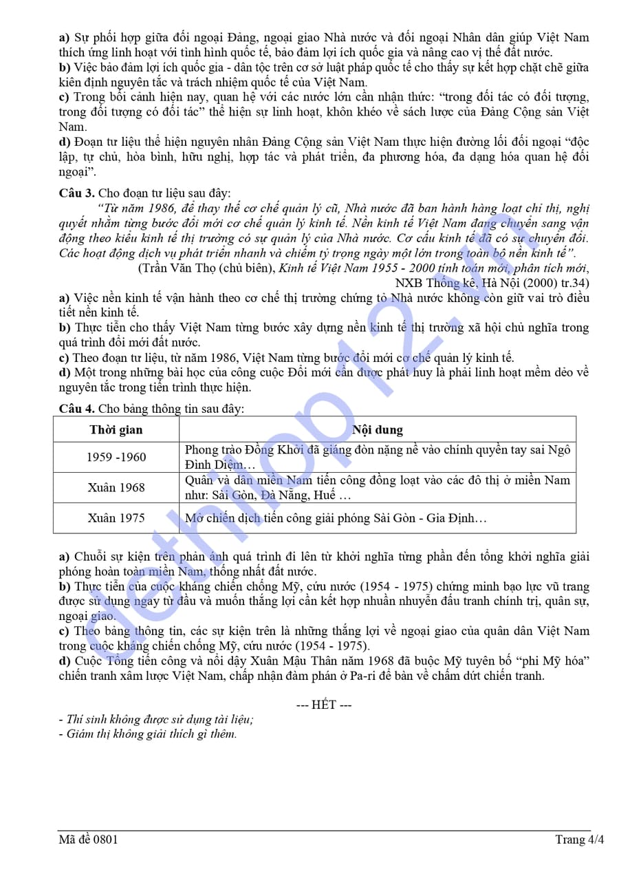 Đề thi thử tốt nghiệp môn sử Đà Nẵng 2026 có đáp án 4