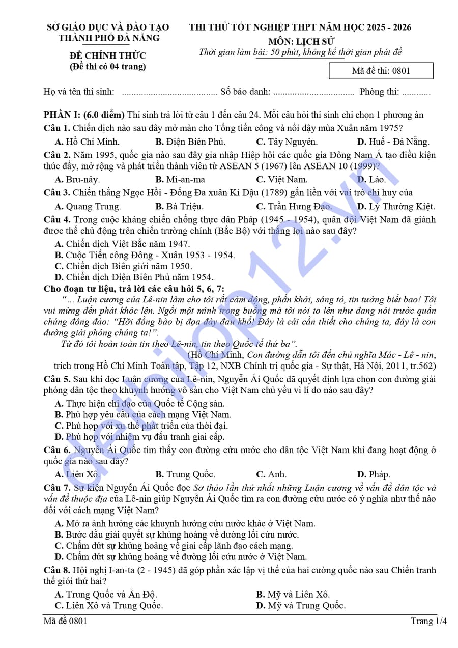 Đề thi thử tốt nghiệp môn sử Đà Nẵng 2026 có đáp án