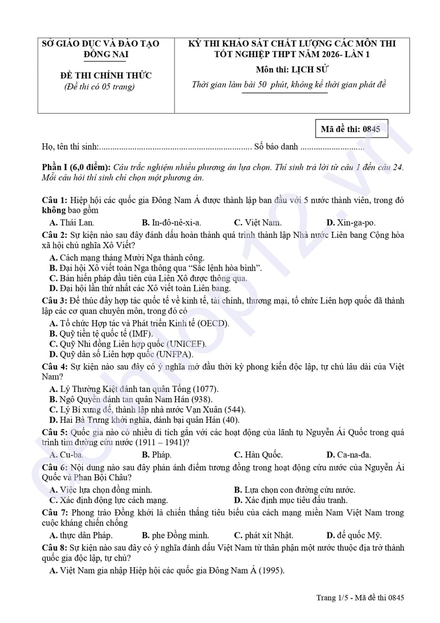 Đề thi thử tốt nghiệp môn sử Đồng Nai 2026