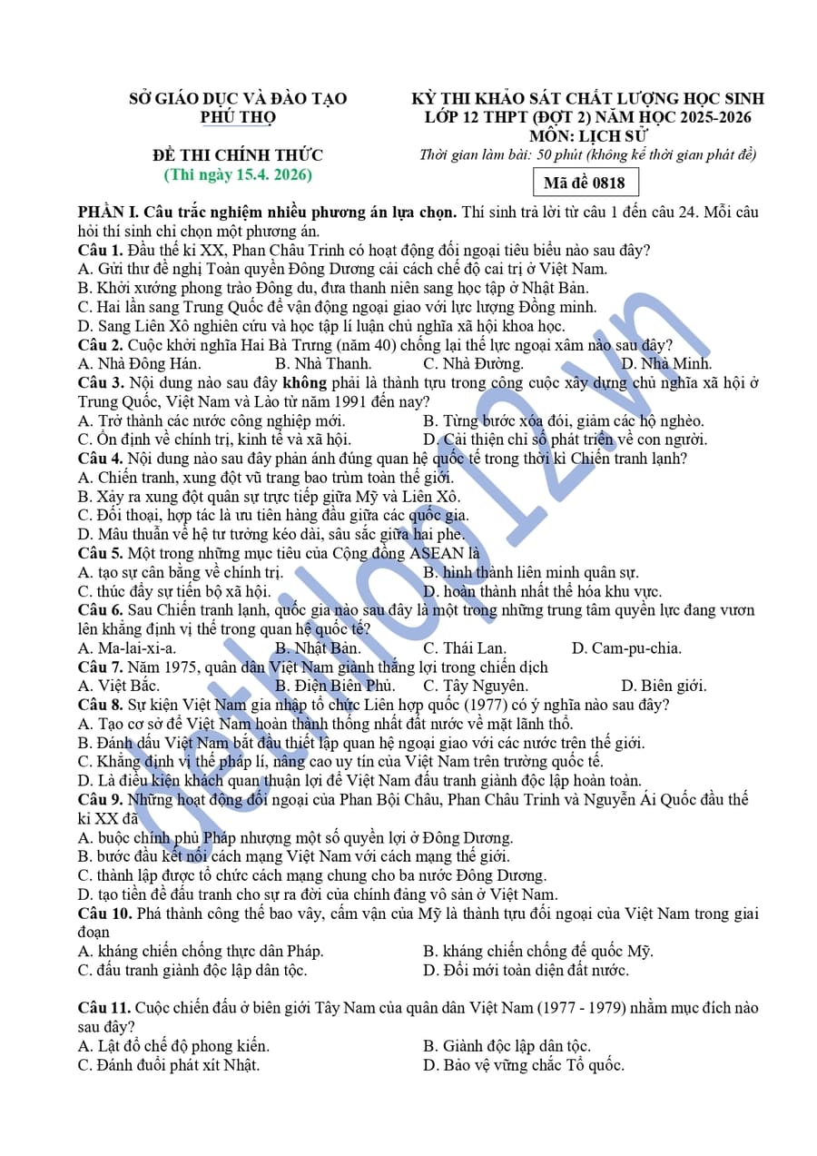 Đề thi khảo sát môn sử Phú Thọ 2026 lần 2 có đáp án