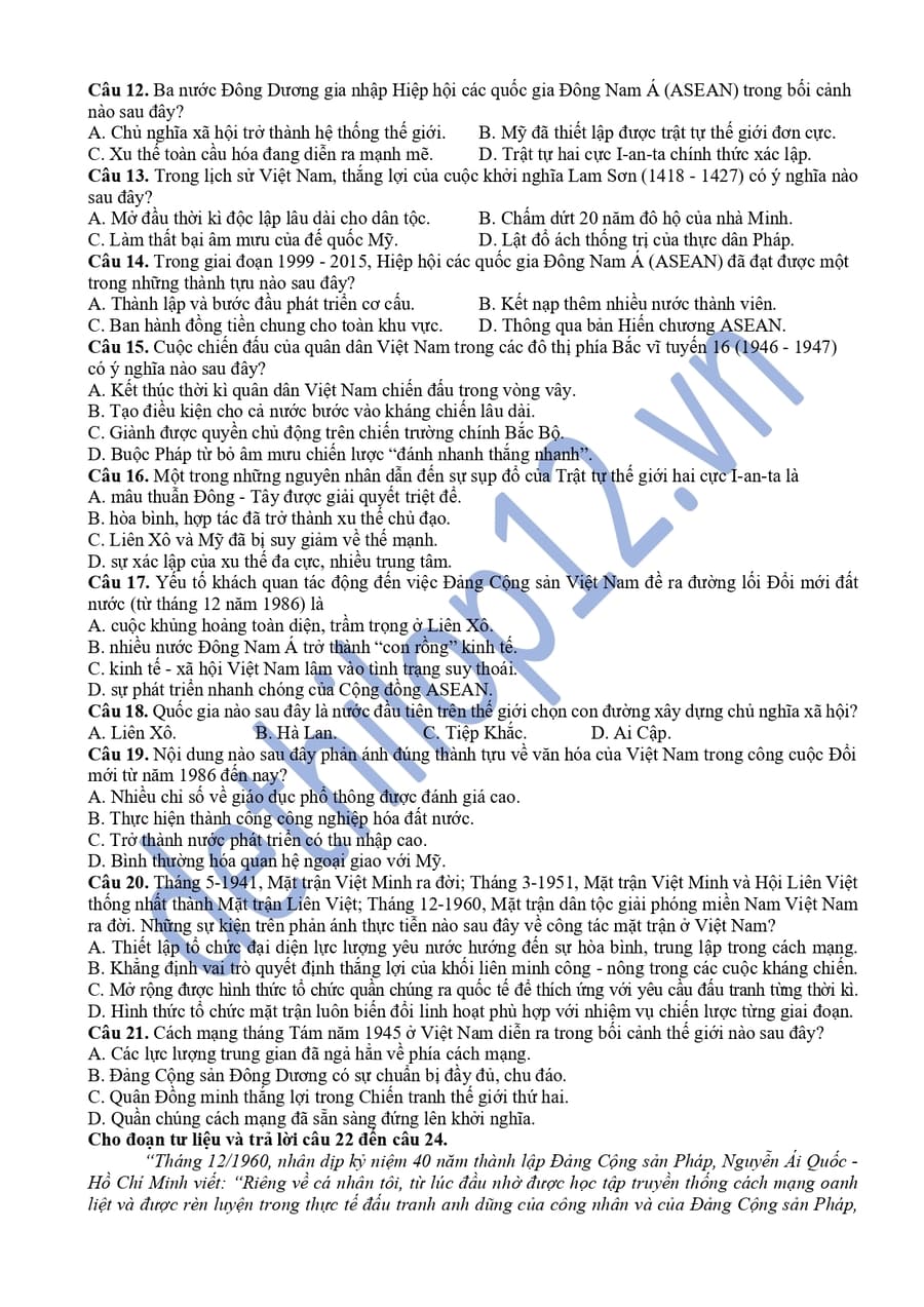 Đề thi khảo sát môn sử Phú Thọ 2026 lần 2 có đáp án 2