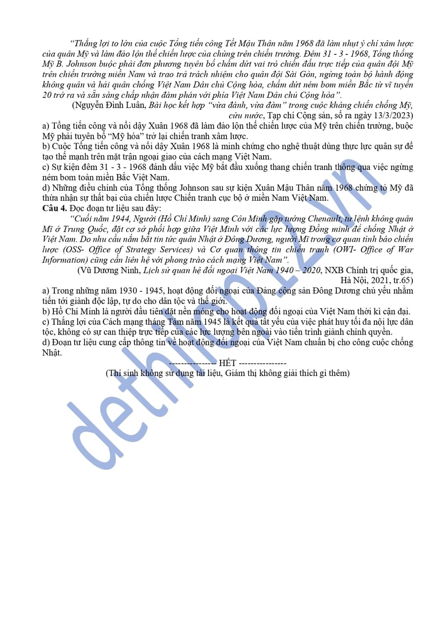 Đề thi khảo sát môn sử Phú Thọ 2026 lần 2 có đáp án 8 Đề thi khảo sát môn sử Phú Thọ 2026 lần 2 có đáp án 4