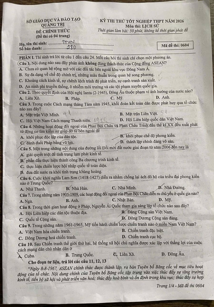Đề thi thử tốt nghiệp môn sử Quảng Trị 2026