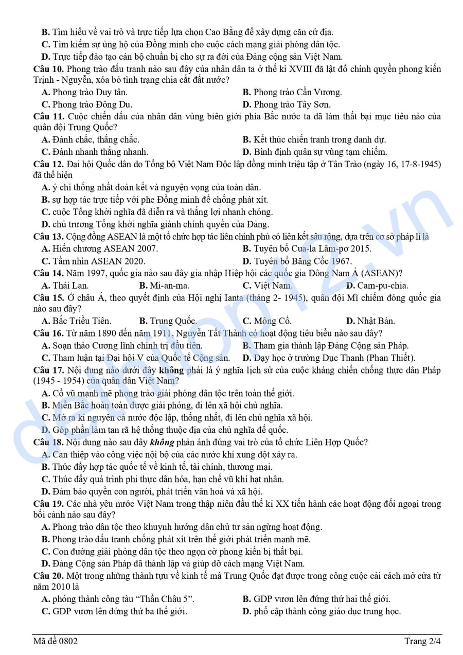 Đề thi thử tốt nghiệp môn sử Sơn La 2026 lần 2 có đáp án 4