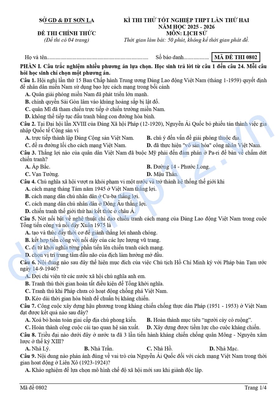 Đề thi thử tốt nghiệp môn sử Sơn La 2026 lần 2 có đáp án
