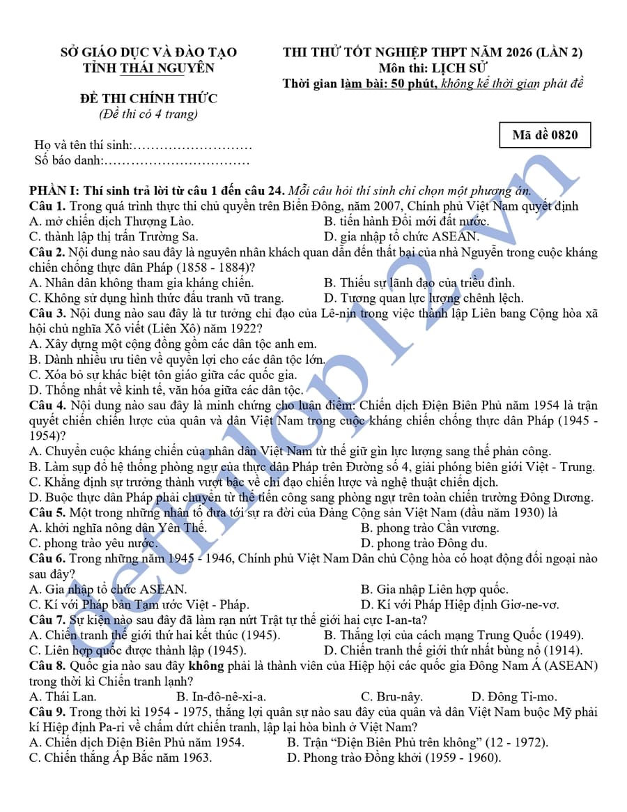 Đề thi thử tốt nghiệp môn lịch sử Thái Nguyên 2026 lần 2