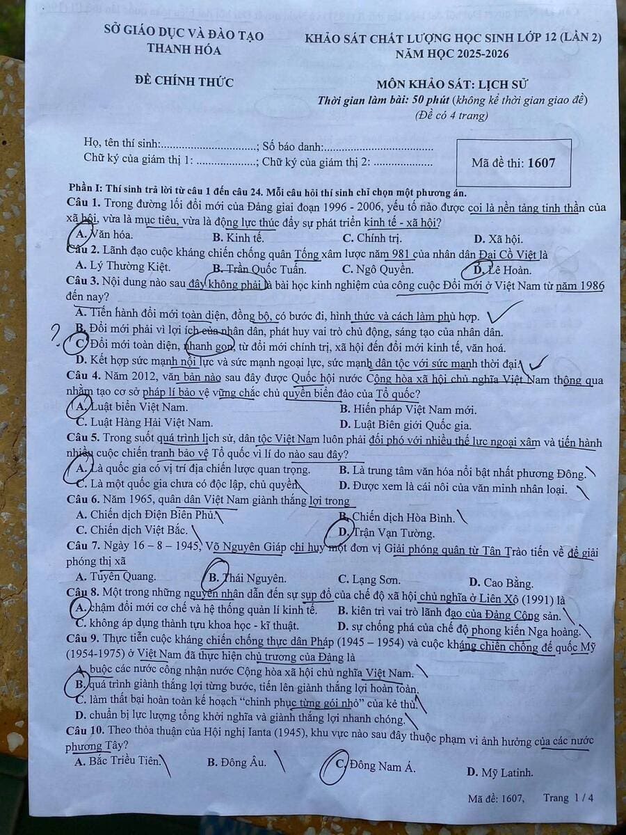 Đề thi thử tốt nghiệp môn sử Thanh Hoá 2026 lần 2