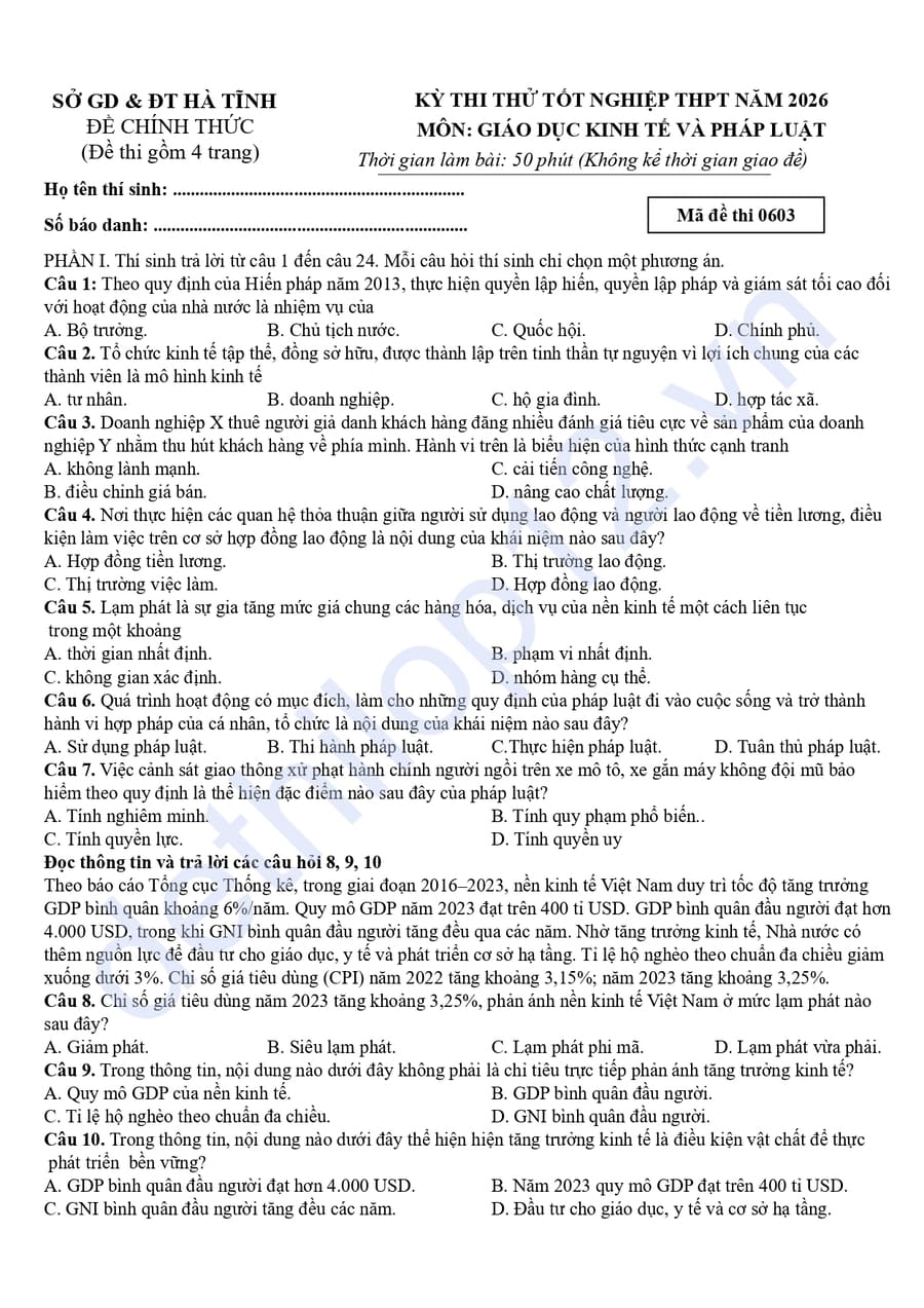 Đề thi thử tốt nghiệp môn KTPL Hà Tĩnh 2026 