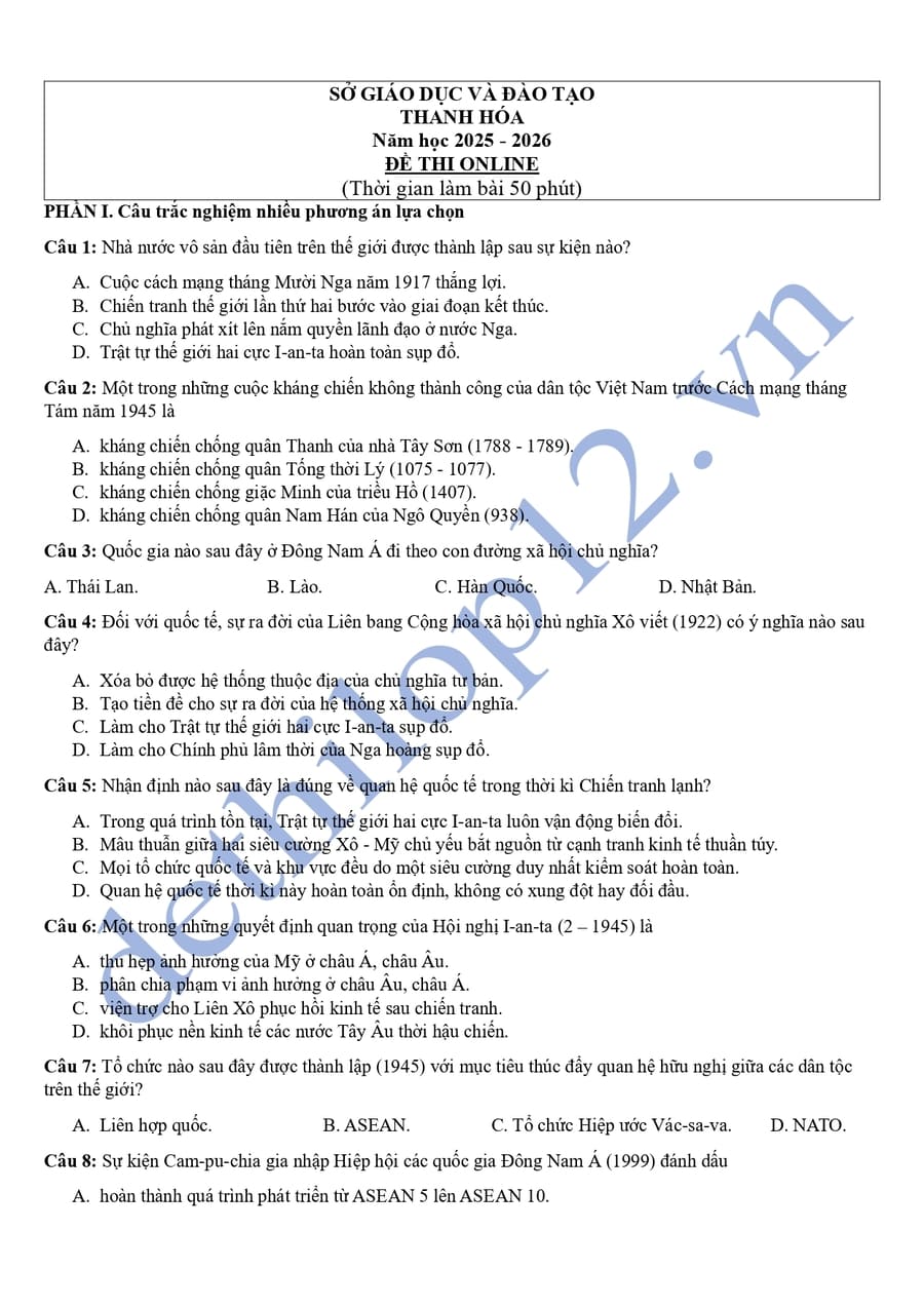 Đề thi online tốt nghiệp môn sử Thanh Hoá 2026