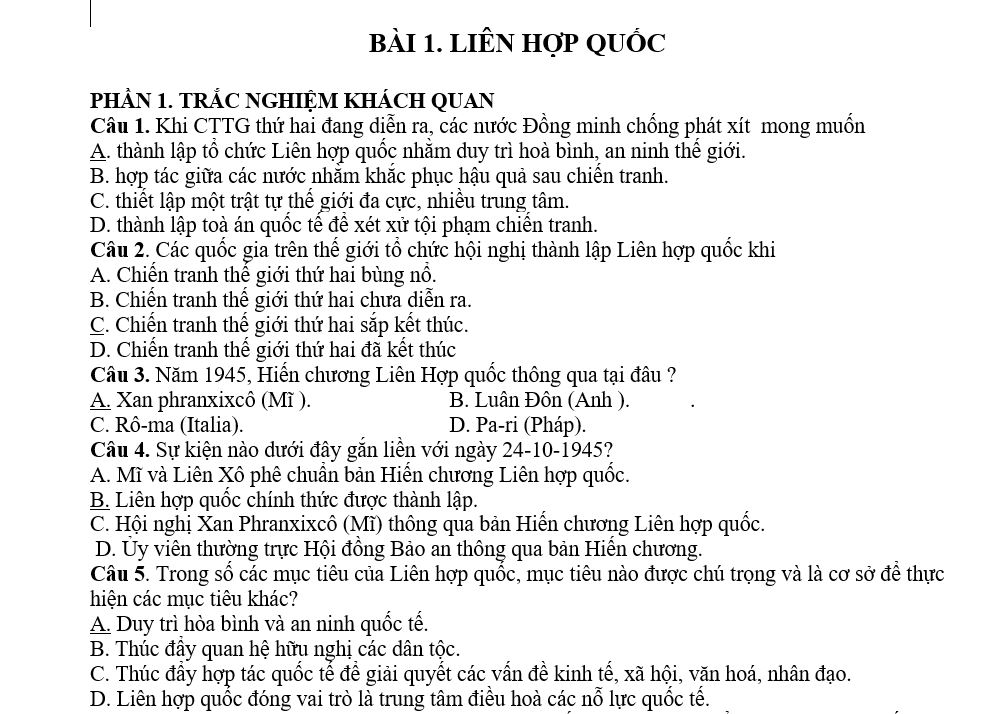 trắc nghiệm lịch sử lớp 12 có đáp án