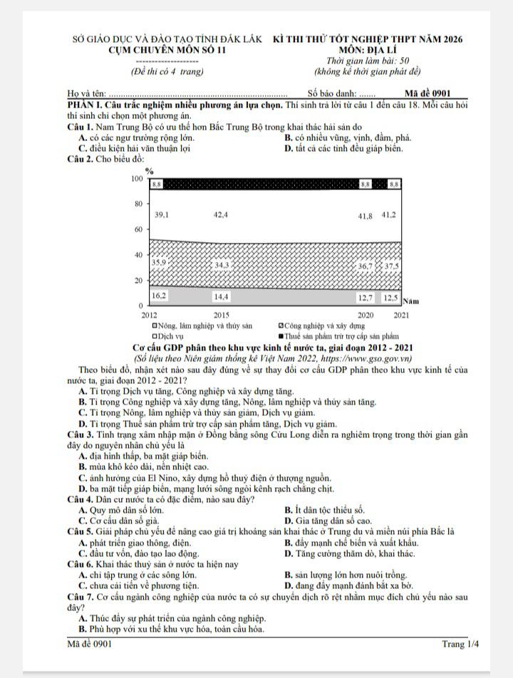 Đề thi thử tốt nghiệp địa lí cụm chuyên môn số 11 2026